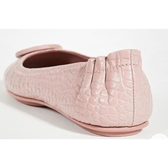Tory Burch MINNIE Travel Rosa Ballet Flats Logo Pink Croco Embos Shoe Size 8 - Picture 4 of 11